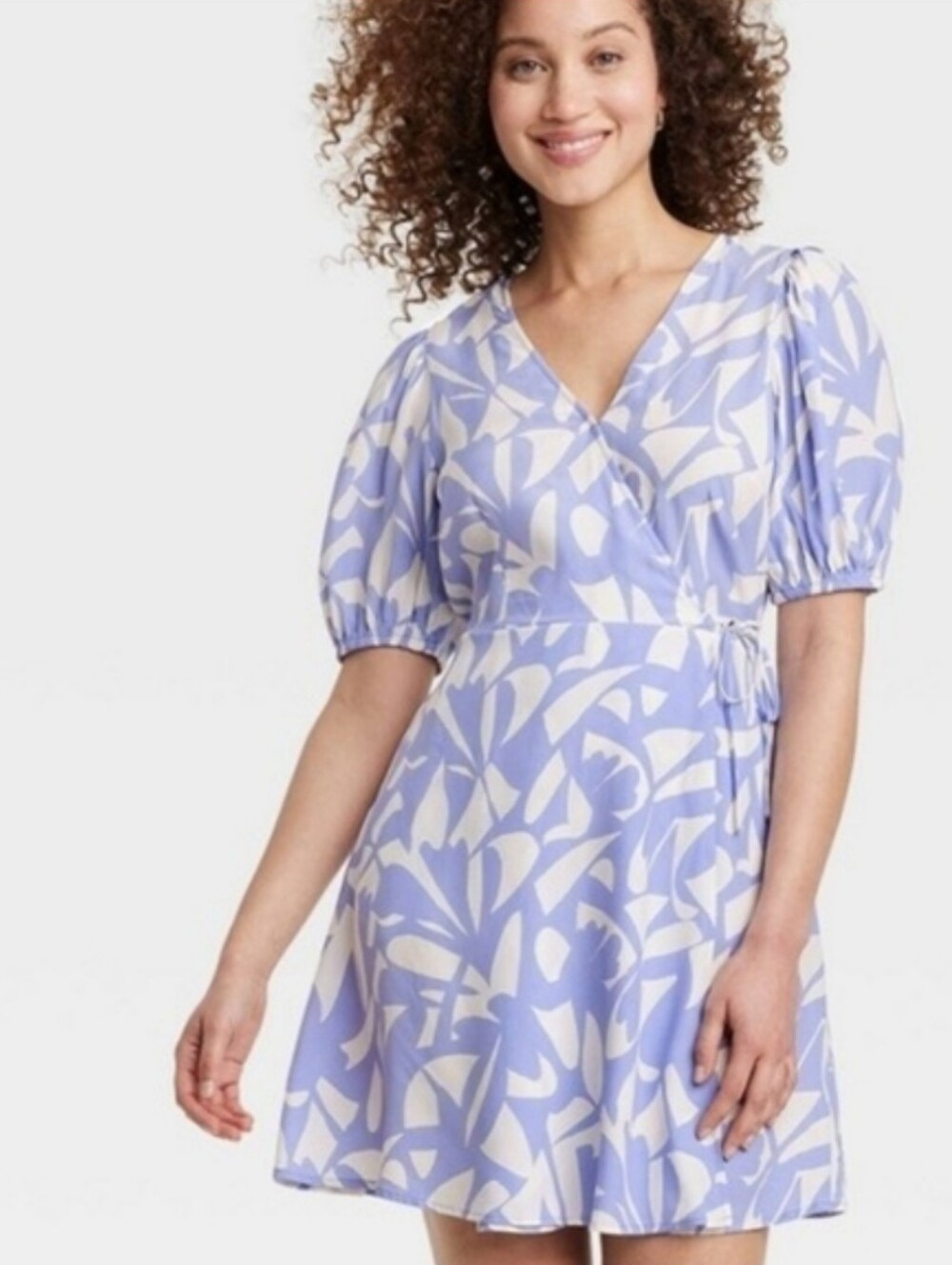 A New Day Womens Balloon Short Sleeve Mini Wrap Dress Blue Print XL